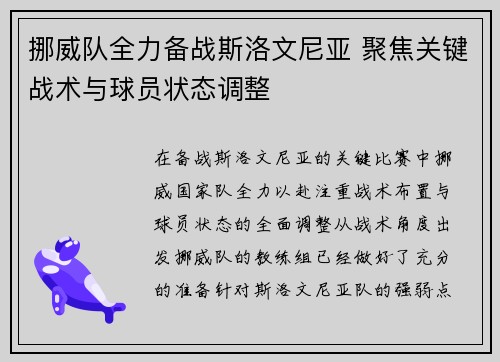 挪威队全力备战斯洛文尼亚 聚焦关键战术与球员状态调整