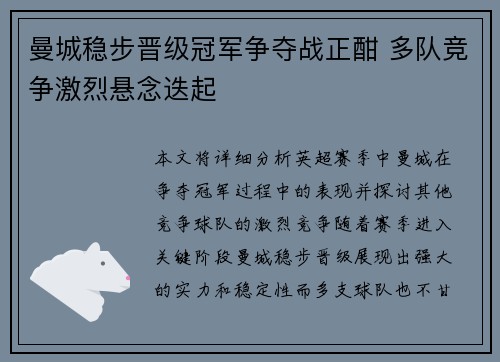 曼城稳步晋级冠军争夺战正酣 多队竞争激烈悬念迭起