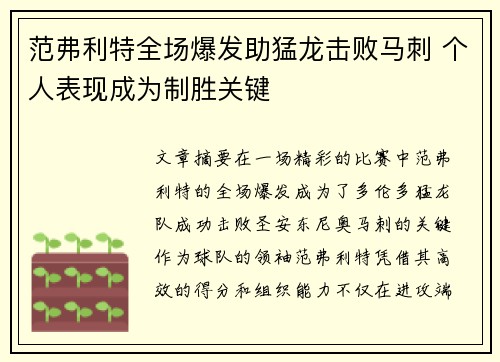 范弗利特全场爆发助猛龙击败马刺 个人表现成为制胜关键